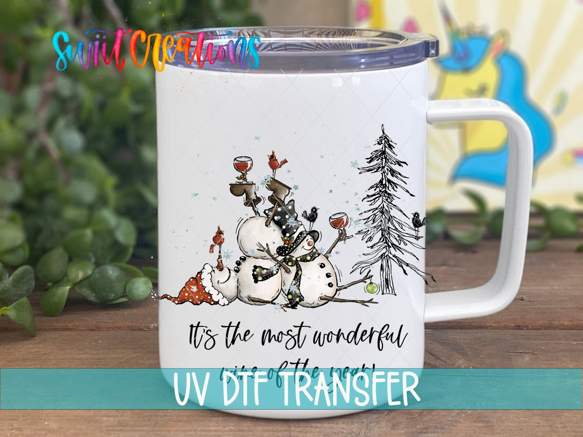 Most Wonderful Wine of the Year UV DTF transfer on a white stainless steel mug with a lid