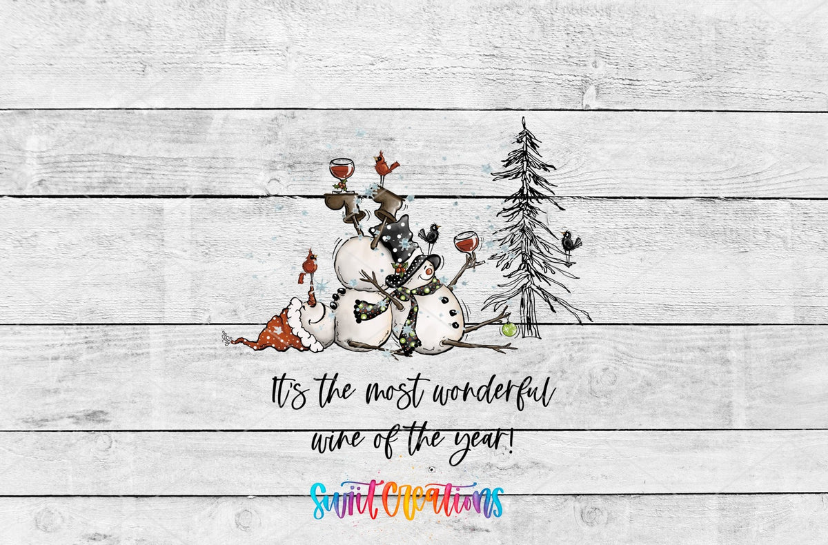Most Wonderful Wine of the Year UV DTF transfer artwork on a white wood background