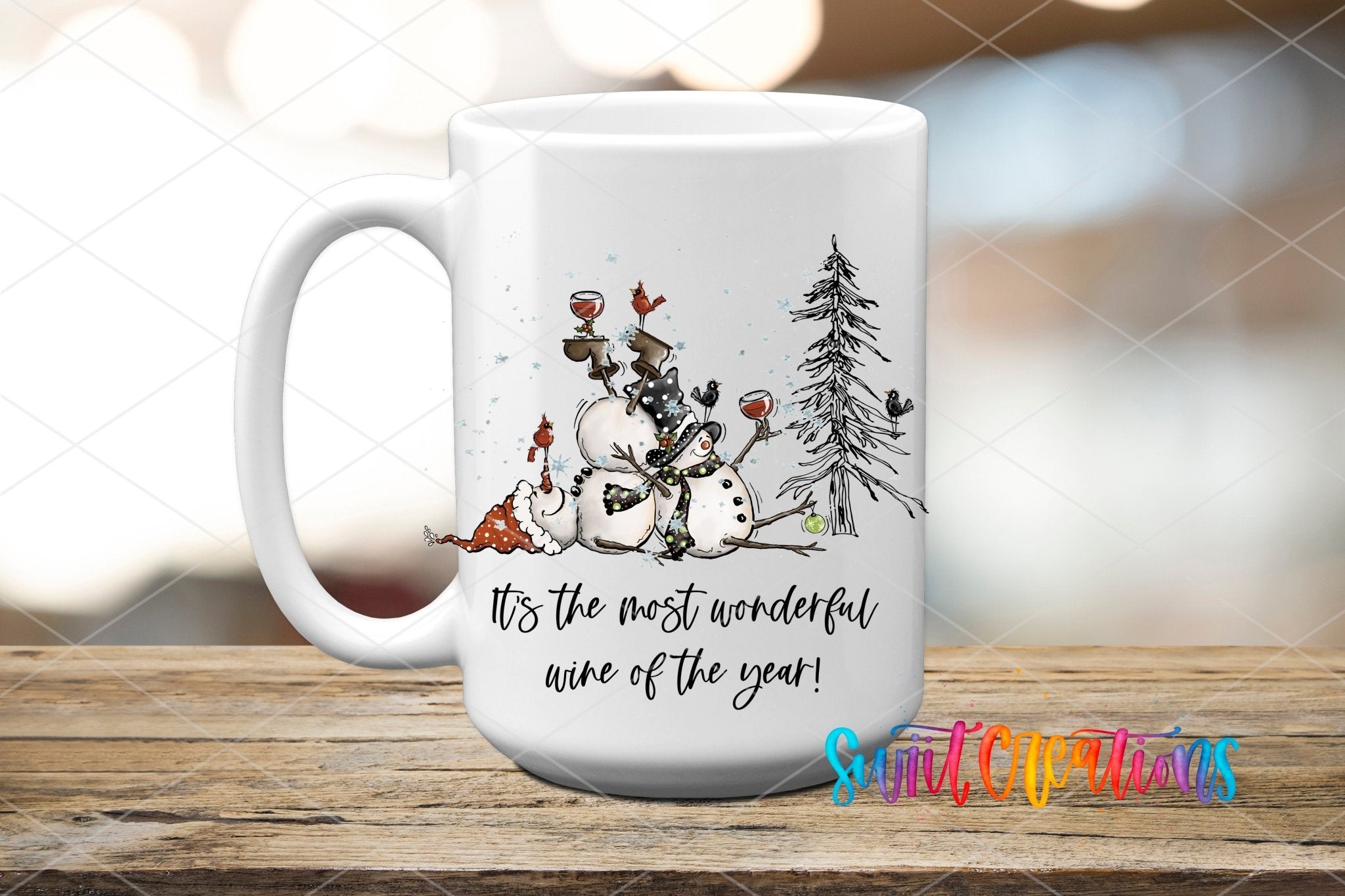 Swiit Creations UV DTF Wonderful Wine of the Year Snowman transfer applied to a white ceramic mug