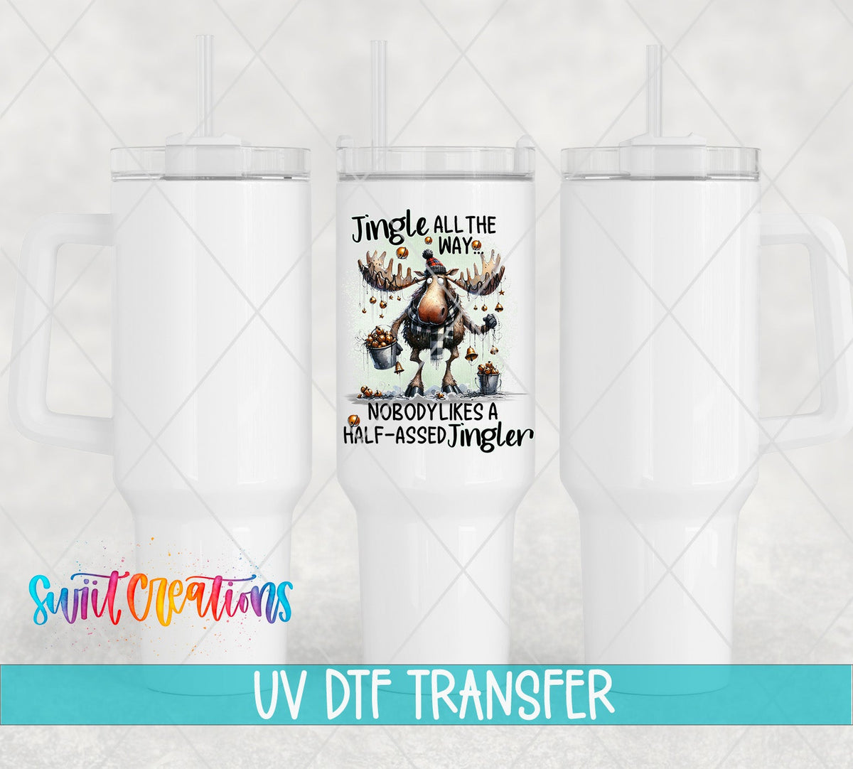 Jingle All the Way UV DTF transfer on white 40 oz tumblers