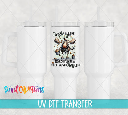 Jingle All the Way UV DTF transfer on white 40 oz tumblers