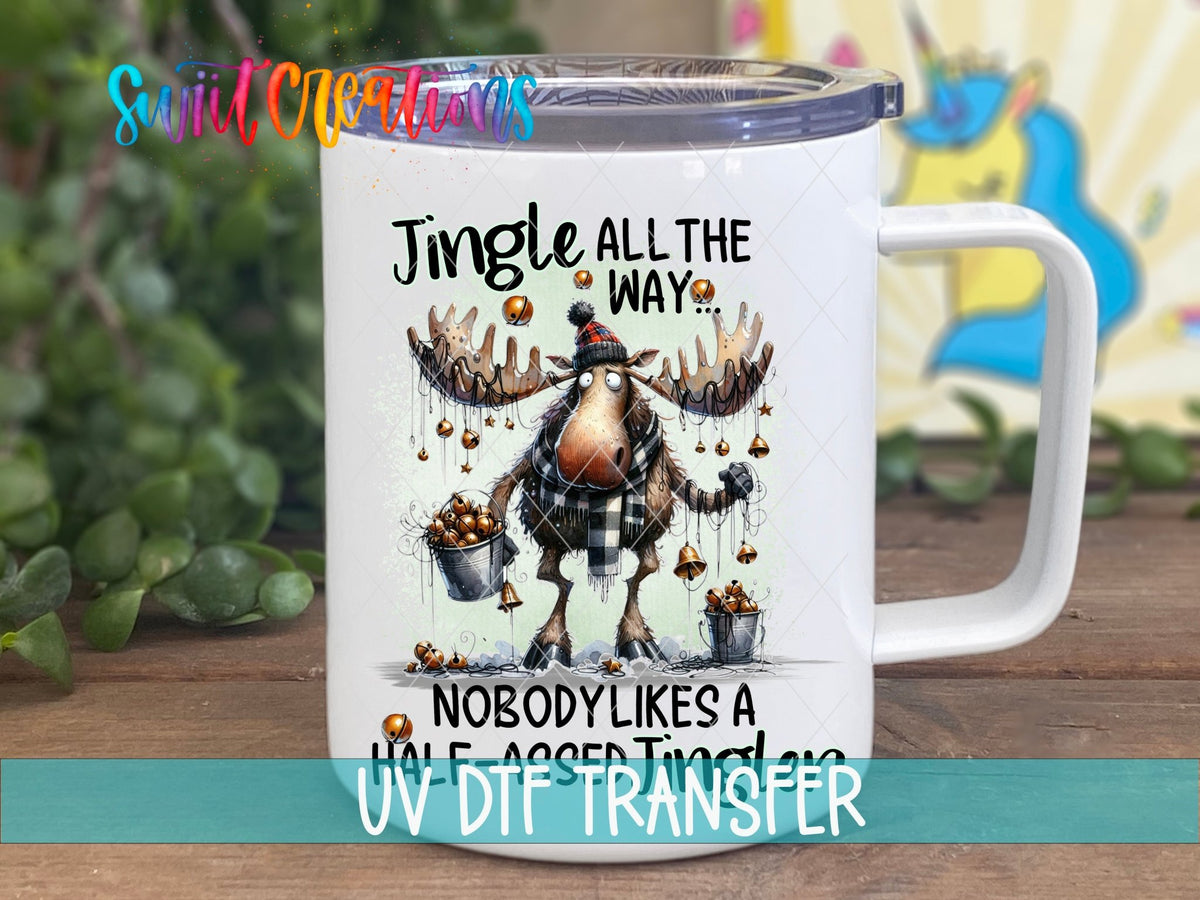 Jingle All the Way UV DTF transfer on a white stainless steel mug with a lid