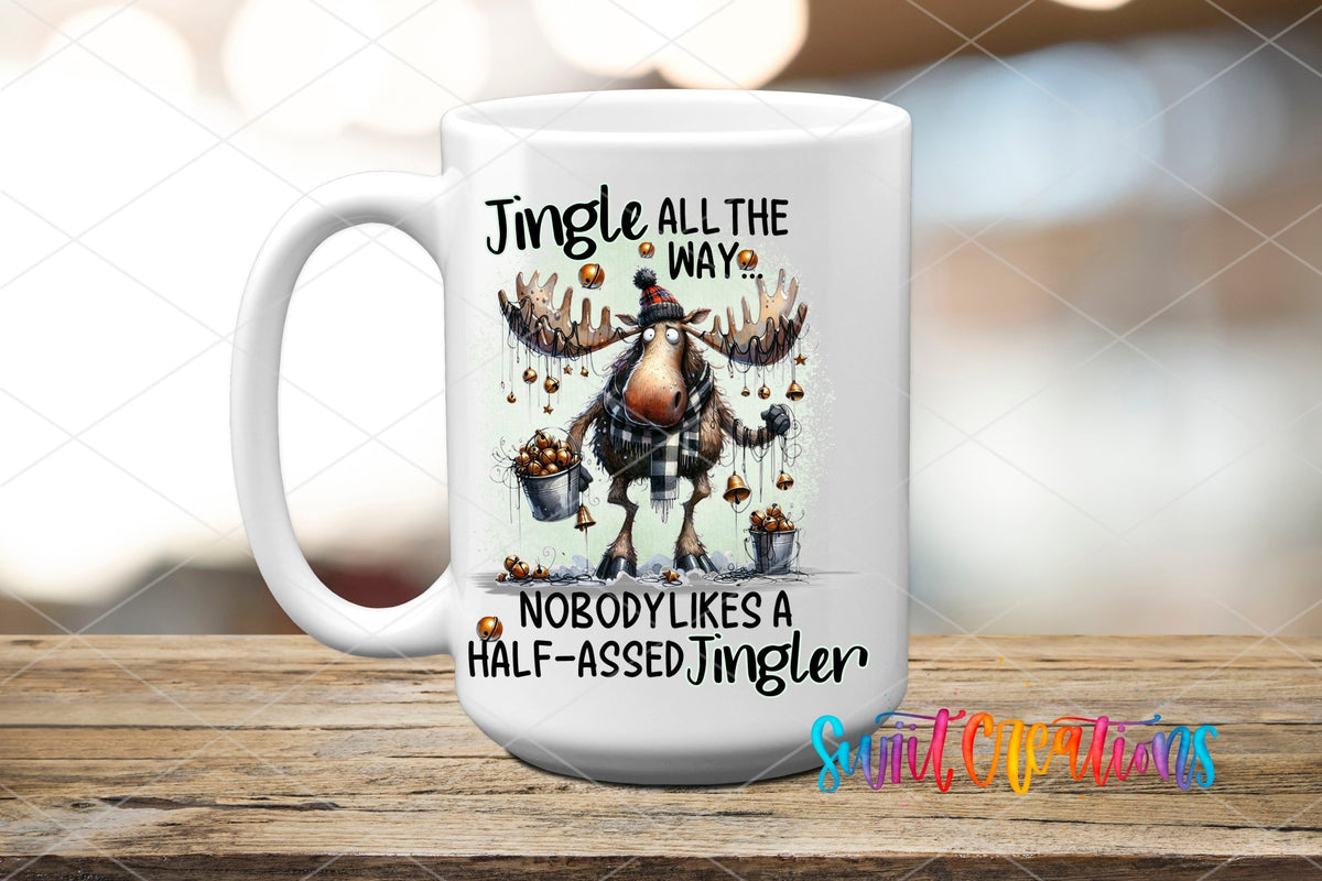 Jingle All the Way UV DTF transfer on a white ceramic coffee mug