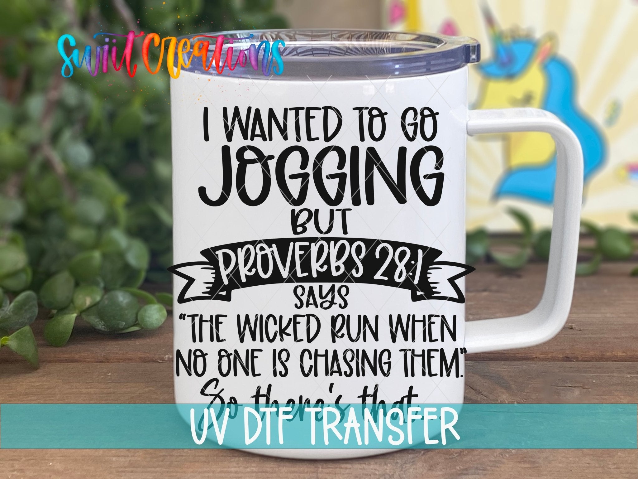 Jogging Funny Proverbs Christian Humor UV DTF transfer displayed on a white coffee mug from Swiit Creations