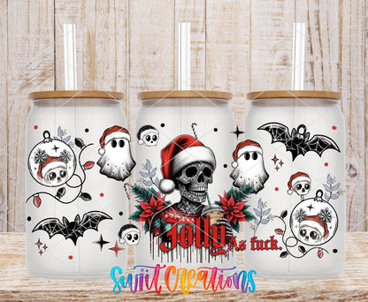 Jolly As F*ck UV DTF full wrap on three clear glass cans with bamboo lids