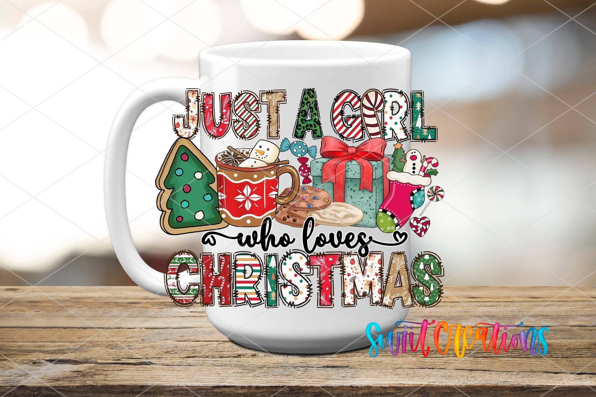 Just a Girl Who Loves Christmas UV DTF transfer displayed on a white ceramic mug from Swiit Creations