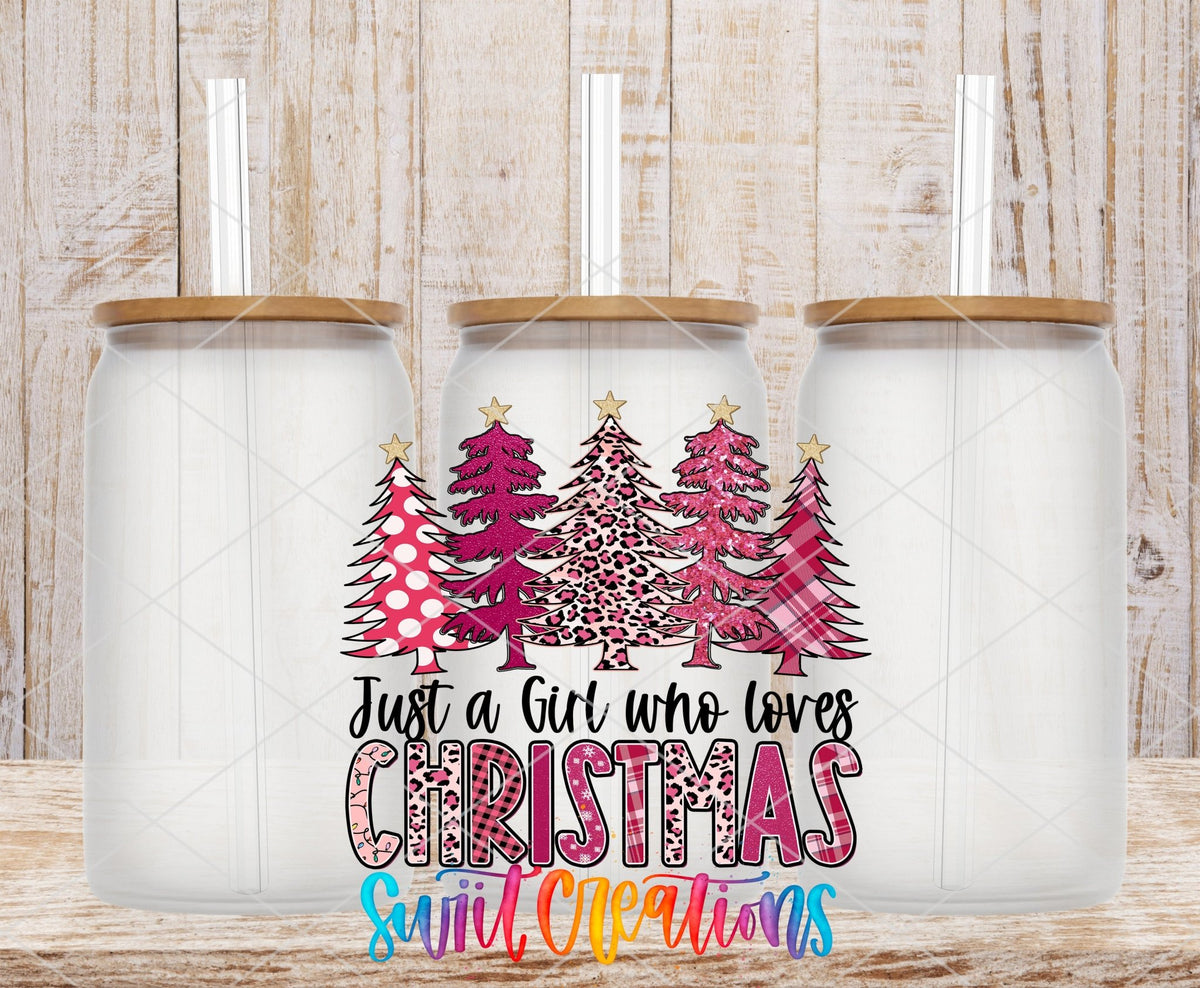 Just a Girl Who Loves Christmas pink trees UV DTF transfer on frosted glass cans with bamboo lids