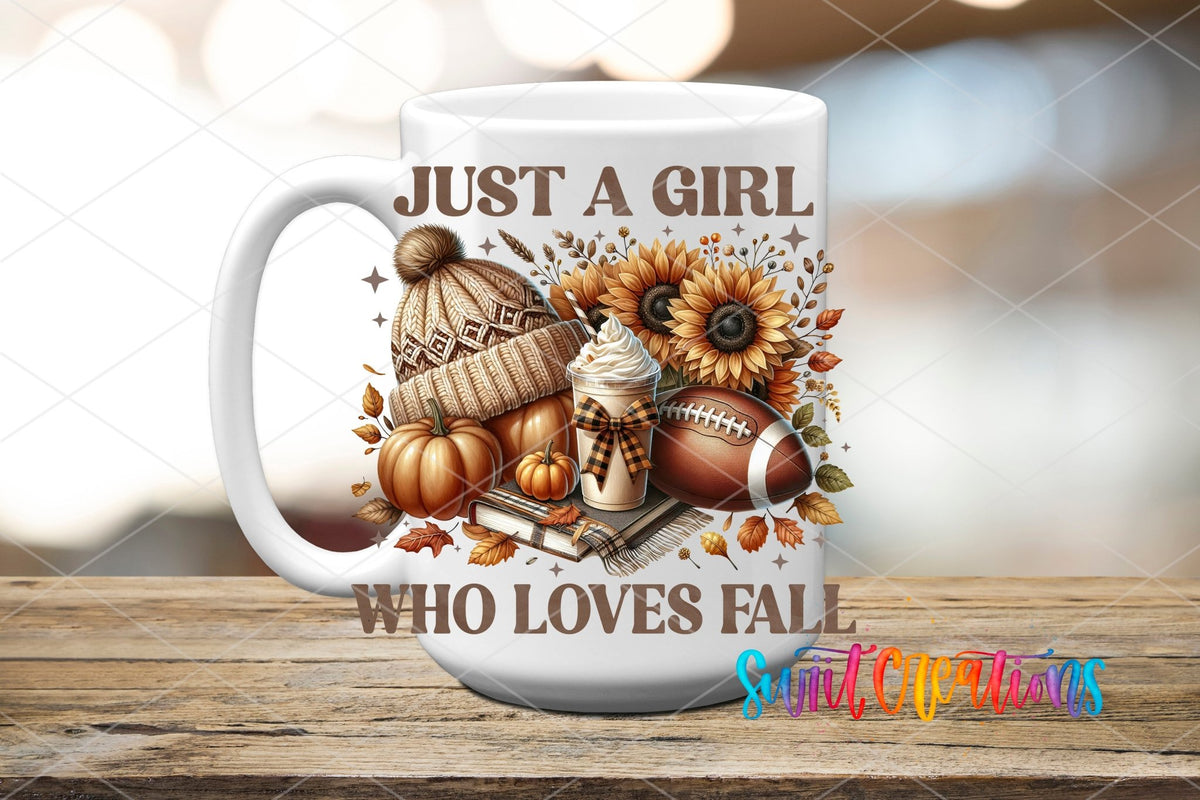 Just a Girl Who Loves Fall beanie, football, and sunflowers UV DTF transfer on a white ceramic coffee mug