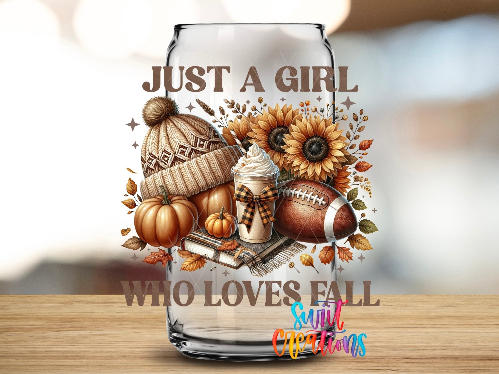 Swiit Creations UV DTF Fall Football Sunflower Girl transfer applied to a clear glass can