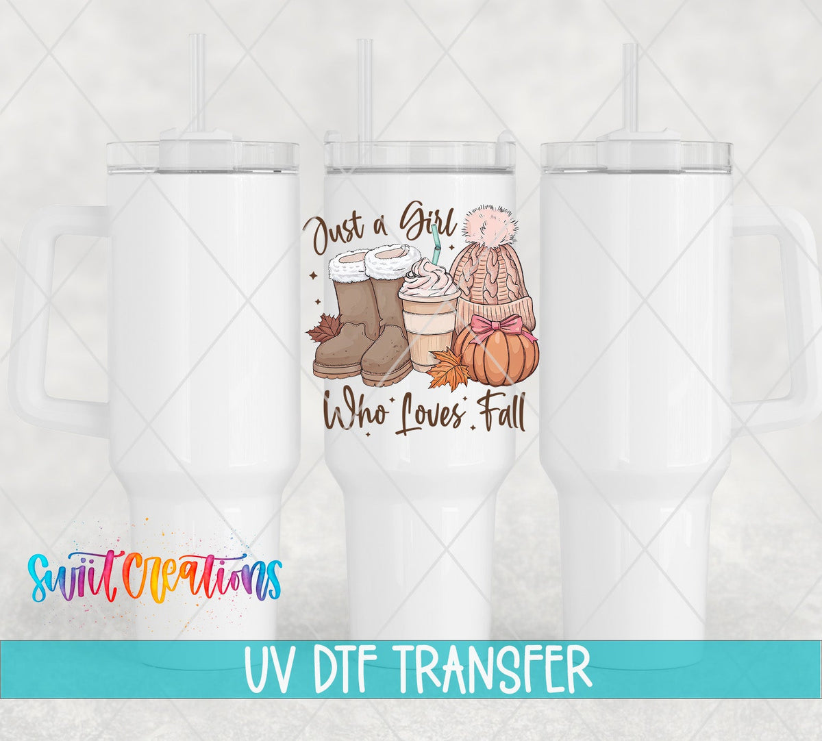 Just a Girl Who Loves Fall boots, latte, and pink beanie UV DTF transfer on white 40 oz tumblers