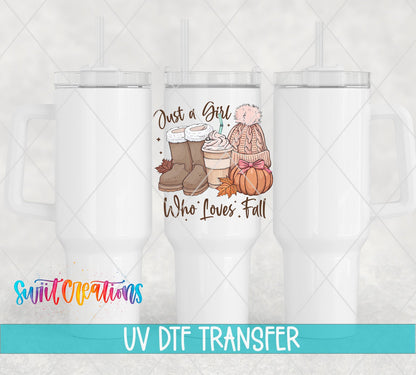Just a Girl Who Loves Fall boots, latte, and pink beanie UV DTF transfer on white 40 oz tumblers