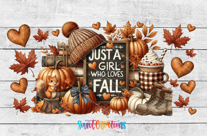 Just a Girl Who Loves Fall rustic pumpkins and boots UV DTF wrap artwork on a white wood background