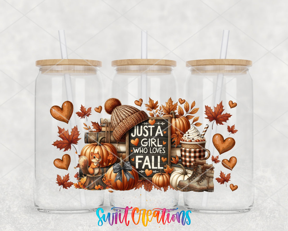 Just a Girl Who Loves Fall rustic pumpkins and boots UV DTF wrap on three glass cans