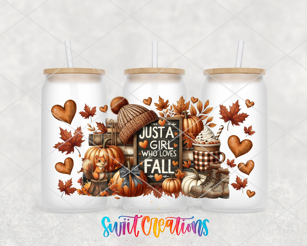 Just a Girl Who Loves Fall rustic pumpkins and boots UV DTF wrap on three frosted glass cans