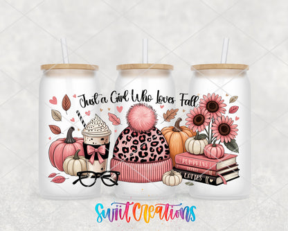 Just a Girl Who Loves Fall pink leopard beanie and books UV DTF wrap on three frosted glass cans