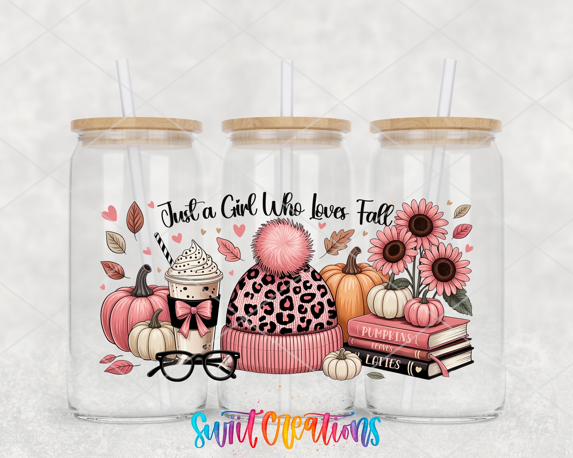 Just A Girl Who Loves Fall UV DTF Wrap Transfer | Pink Pumpkin Latte Autumn Cup Decal | DTF302 - Swiit Creations