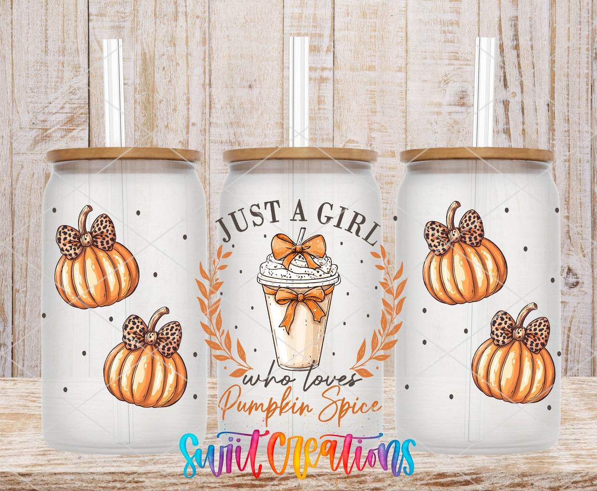 Just a Girl Who Loves Pumpkin Spice UV DTF full wrap on three clear glass cans with bamboo lids
