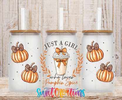 Just a Girl Who Loves Pumpkin Spice UV DTF full wrap on three clear glass cans with bamboo lids