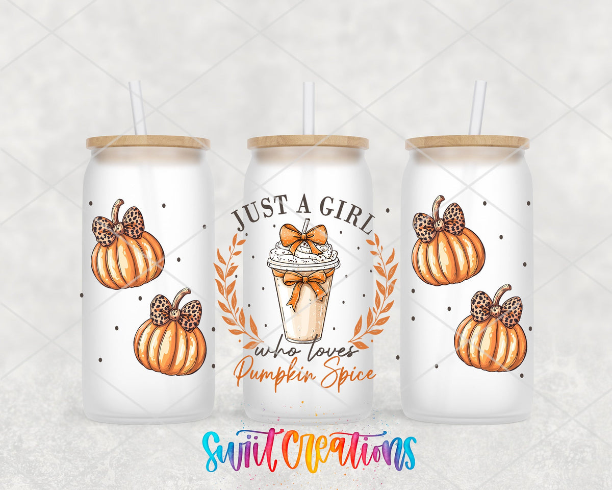 Just a Girl Who Loves Pumpkin Spice UV DTF full wrap on three frosted glass cans