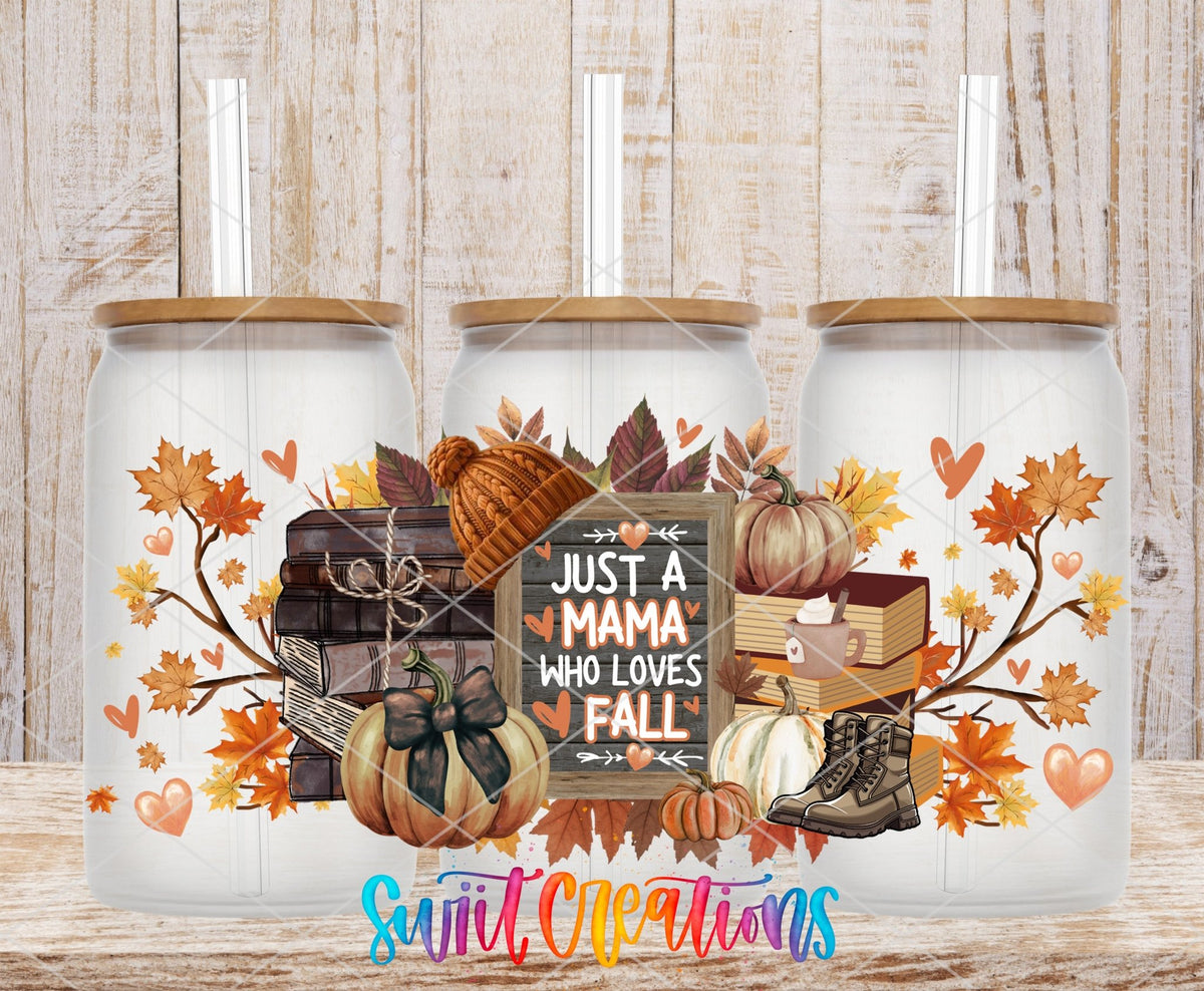 Just a Mama Who Loves Fall UV DTF full wrap on three clear glass cans with bamboo lids