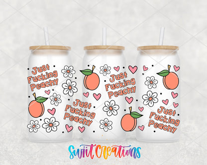 Just F*cking Peachy UV DTF full wrap on three frosted glass cans