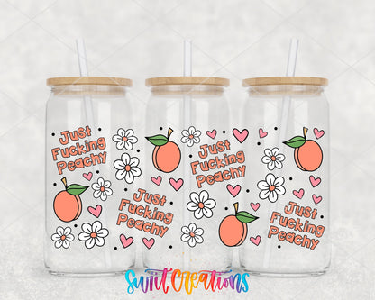 Just F*cking Peachy UV DTF full wrap on three glass cans