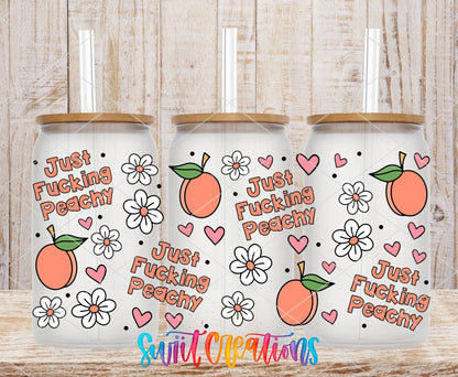 Just F*cking Peachy UV DTF full wrap on three clear glass cans with bamboo lids
