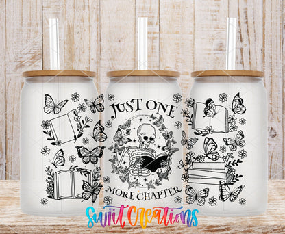 Just One More Chapter UV DTF wrap on three clear glass cans with bamboo lids
