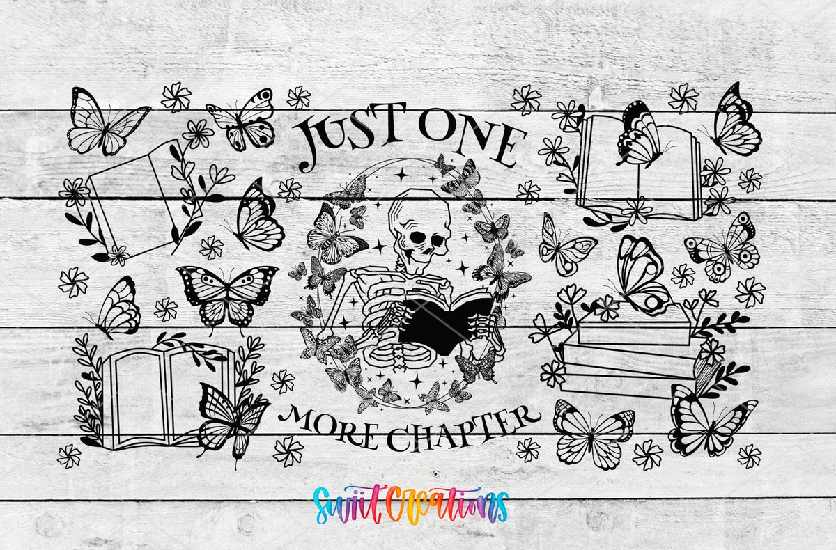 Just One More Chapter UV DTF wrap artwork on a white wood background