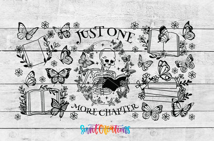 Just One More Chapter UV DTF wrap artwork on a white wood background