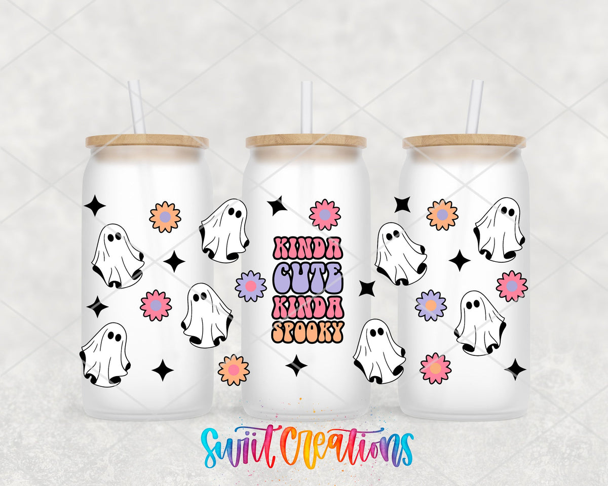 Kinda Cute Kinda Spooky UV DTF full wrap on three frosted glass cans