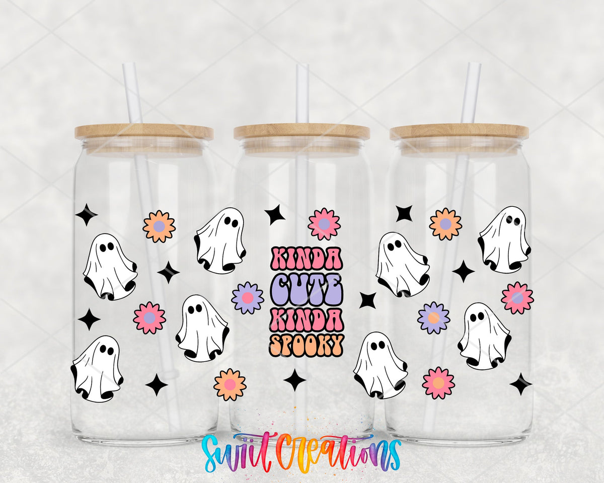 Kinda Cute Kinda Spooky UV DTF full wrap on three glass cans
