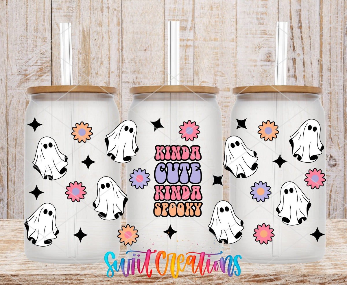 Kinda Cute Kinda Spooky UV DTF full wrap on three clear glass cans with bamboo lids