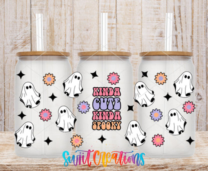 Kinda Cute Kinda Spooky UV DTF full wrap on three clear glass cans with bamboo lids