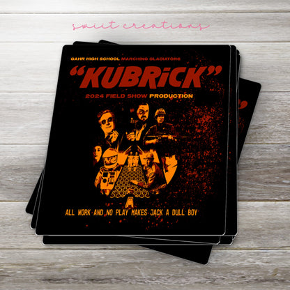 Stack of Gahr Kubrick 2024 glossy stickers on a gray wood table
