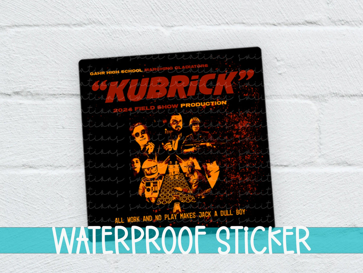 Gahr Kubrick 2024 sticker on a white brick background with a waterproof sticker banner