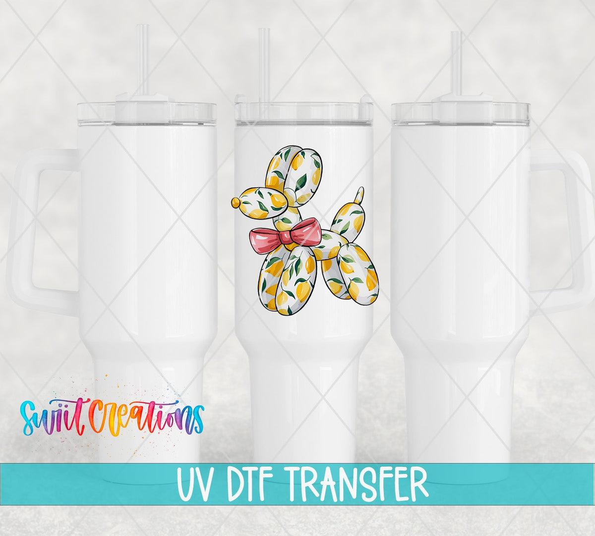 Balloon Dog lemons and pink bow UV DTF transfer on white 40 oz tumblers