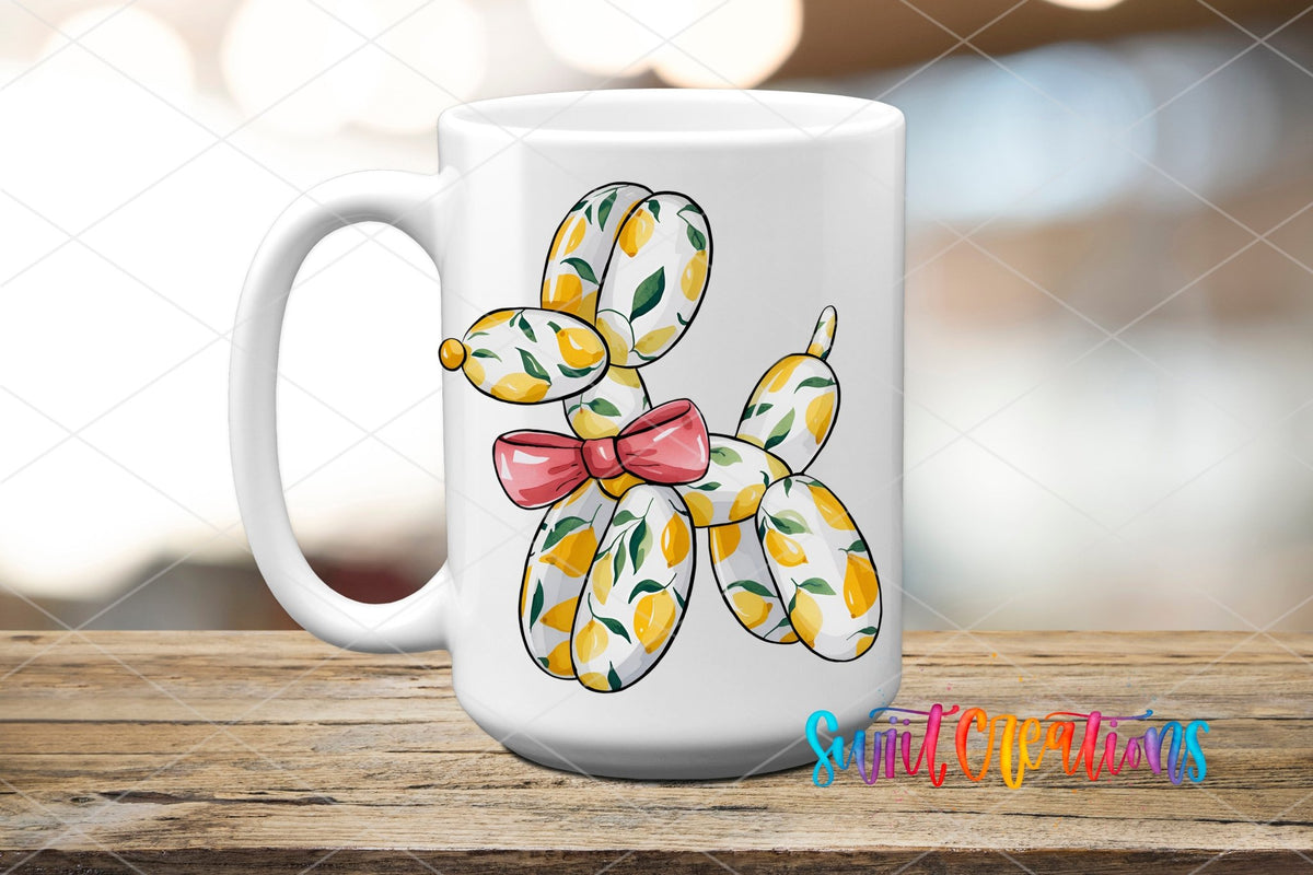 Balloon Dog lemons and pink bow UV DTF transfer on a white ceramic coffee mug
