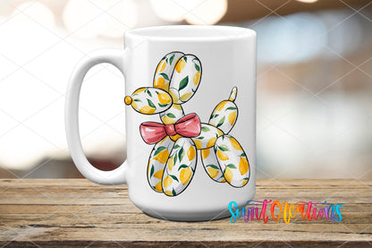 Balloon Dog lemons and pink bow UV DTF transfer on a white ceramic coffee mug
