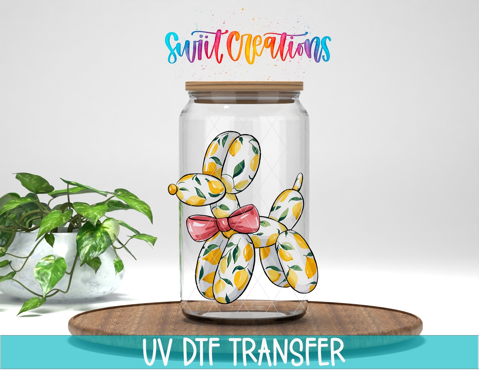 Lemon Balloon Dog UV DTF transfer displayed on a clear jar mockup from Swiit Creations