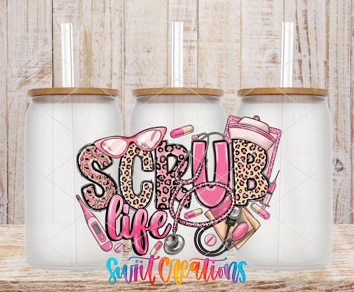 Scrub Life UV DTF transfer on frosted glass cans with bamboo lids