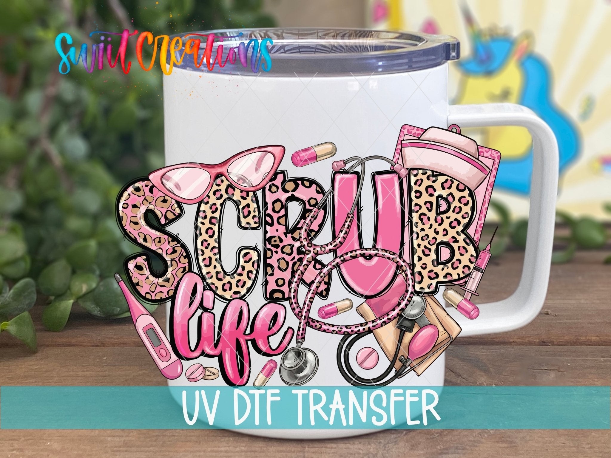 Leopard Medical Nurse Scrub Life UV DTF transfer displayed on a white coffee mug from Swiit Creations