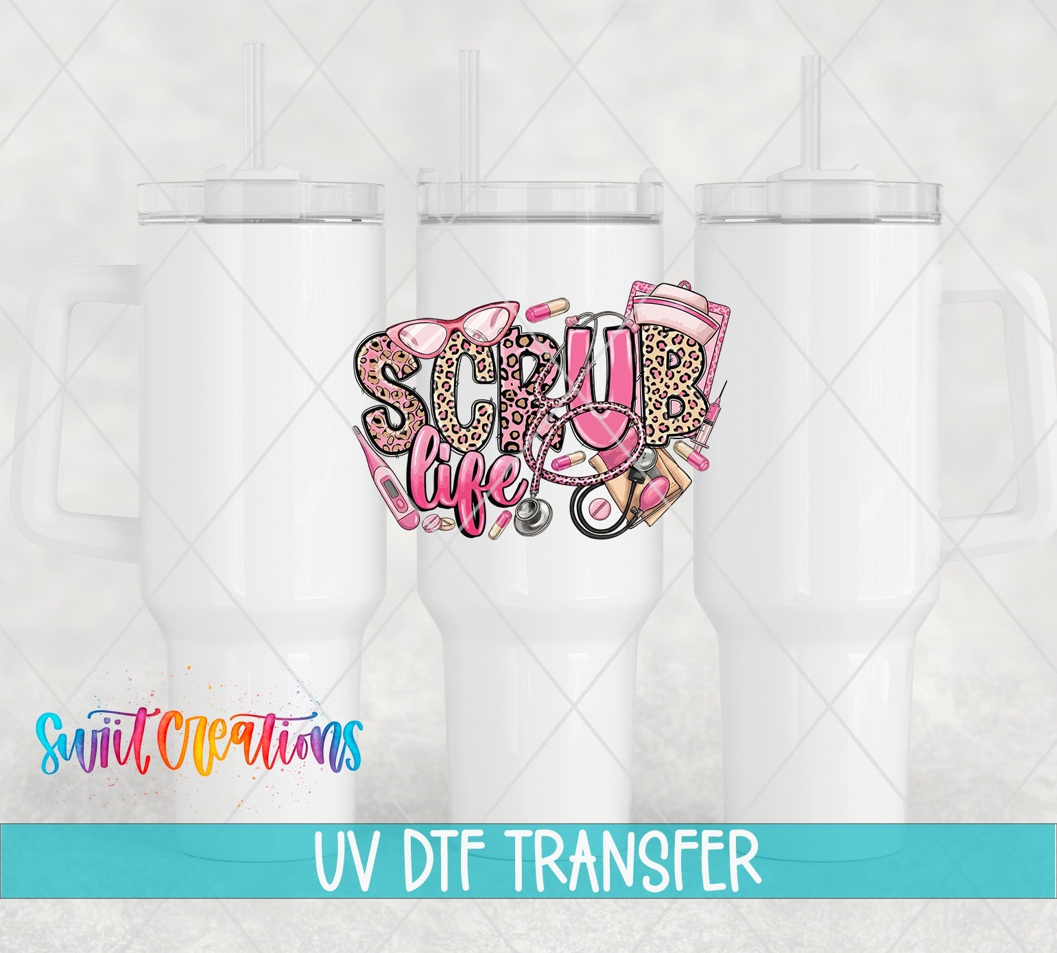 Leopard Medical Nurse Scrub Life UV DTF transfer applied to a white tumbler set from Swiit Creations