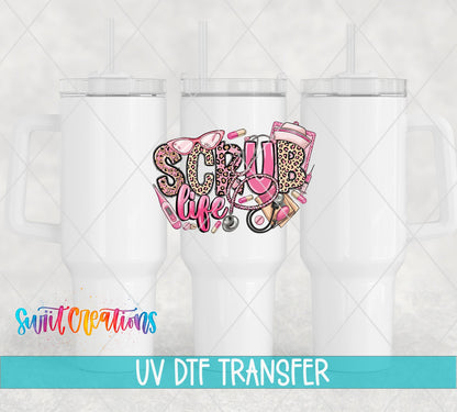 Scrub Life UV DTF transfer on white 40 oz tumblers