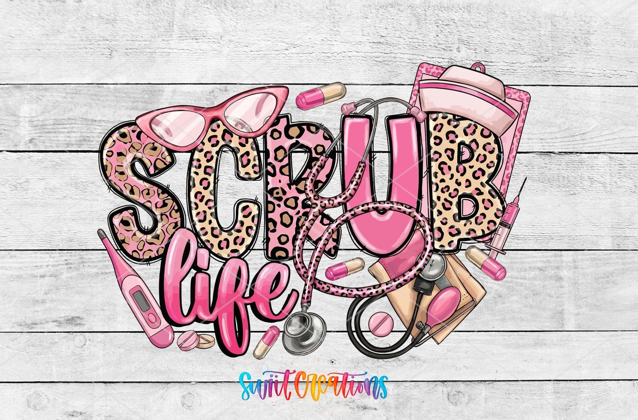Leopard Medical Nurse Scrub Life UV DTF transfer shown as a full artwork preview from Swiit Creations