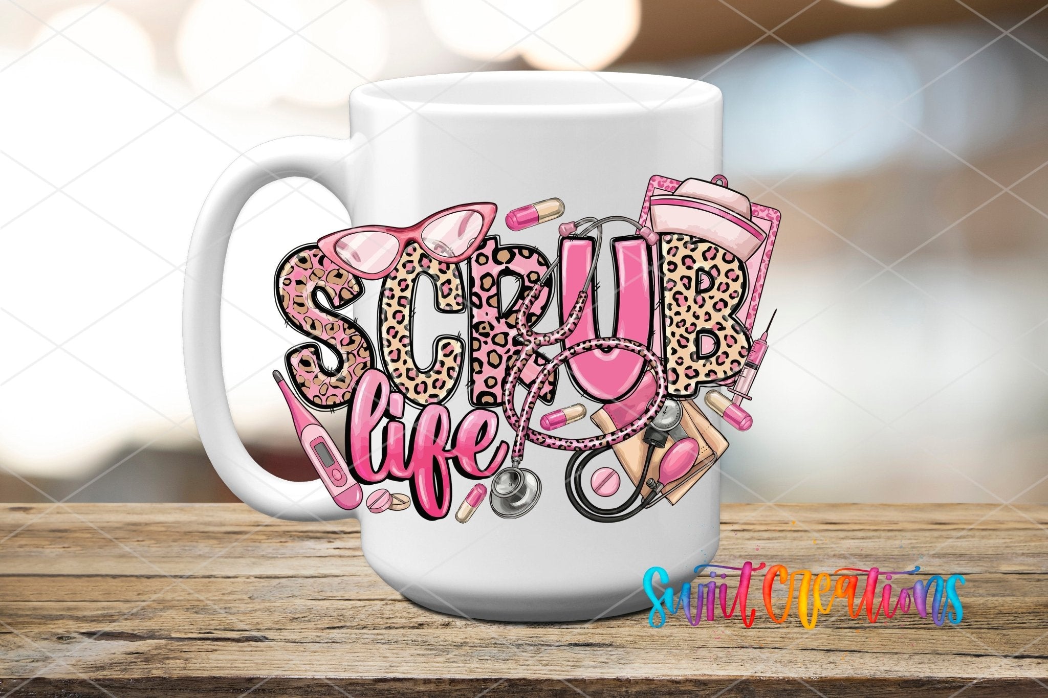 Leopard Medical Nurse Scrub Life UV DTF transfer displayed on a white ceramic mug from Swiit Creations