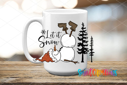Let It Snow upside-down snowman UV DTF transfer on a white ceramic coffee mug