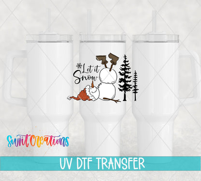 Let It Snow upside-down snowman UV DTF transfer on white 40 oz tumblers
