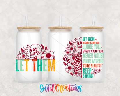Let Them UV DTF wrap on three frosted glass cans