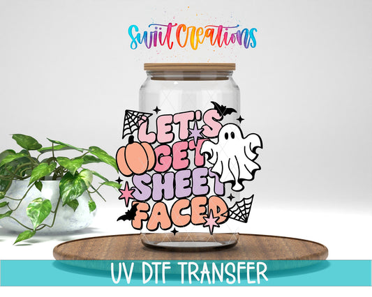 Swiit Creations UV DTF Let’s Get Sheet Faced Ghost Halloween transfer displayed on a clear jar mockup